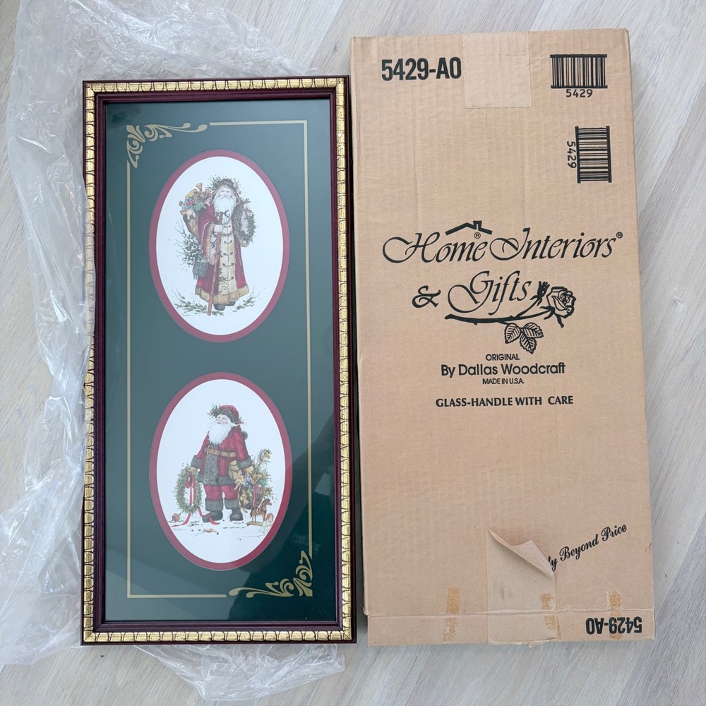 Home Interiors & Gifts Vintage Santa Christmas Framed Art Dallas Woodcraft